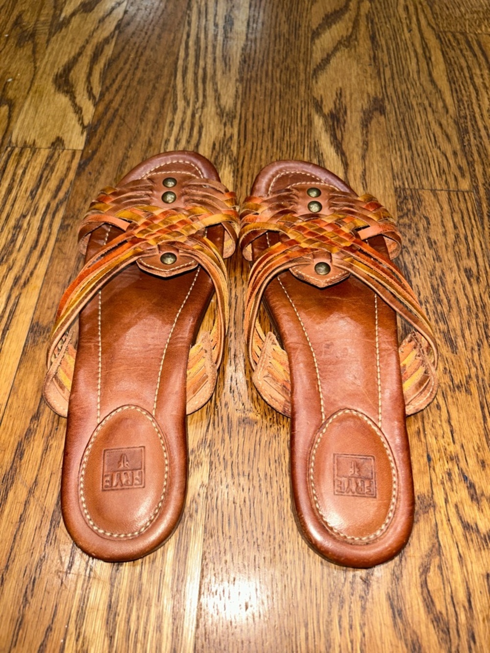 Frye Woven Leather Slide in Tan Orange Accents Fisherman Sandal Women’s 8.5 - Picture 6 of 9